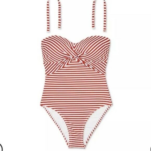 Swimsuit KONA SOL Red Stripe One Piece Strapless Swimsuit M 8-10 with Strap - Picture 2 of 11